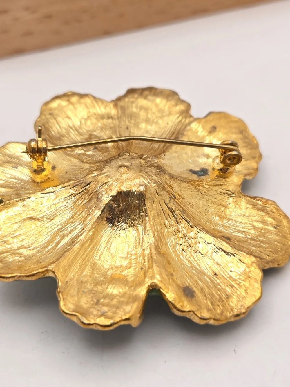 Vintage Enamel Green Flower Brooch AB Rhinestone Center Gold Tone Pin